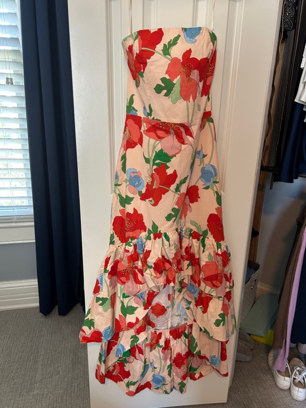 Strapless Floral Ruffle Maxi Dress - Red Floral